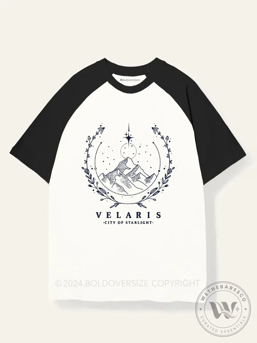 Velaris City of Starlight Mountains and Stars Raglan Short Sleeve T-Shirt