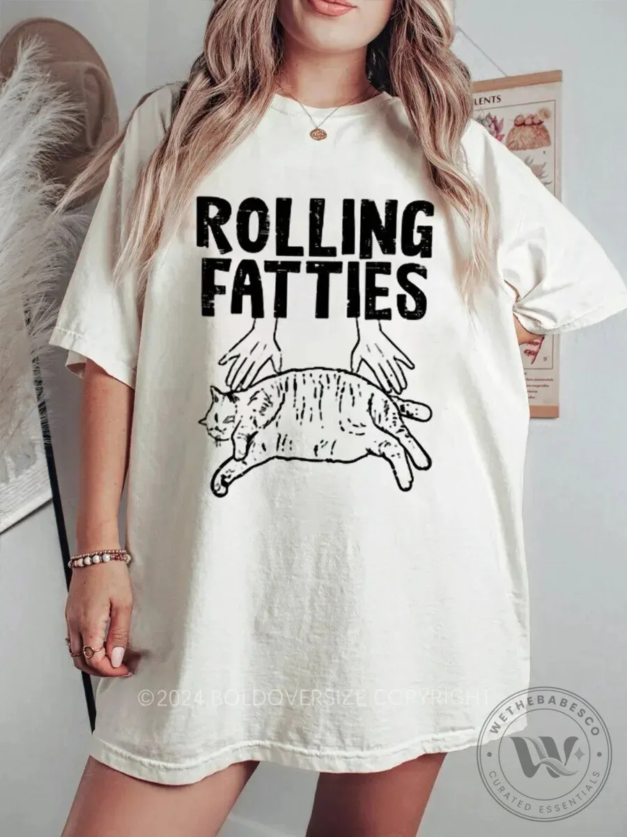 Rolling Fatties Funny Cat Graphic Oversized Cream Short Sleeve T-Shirt