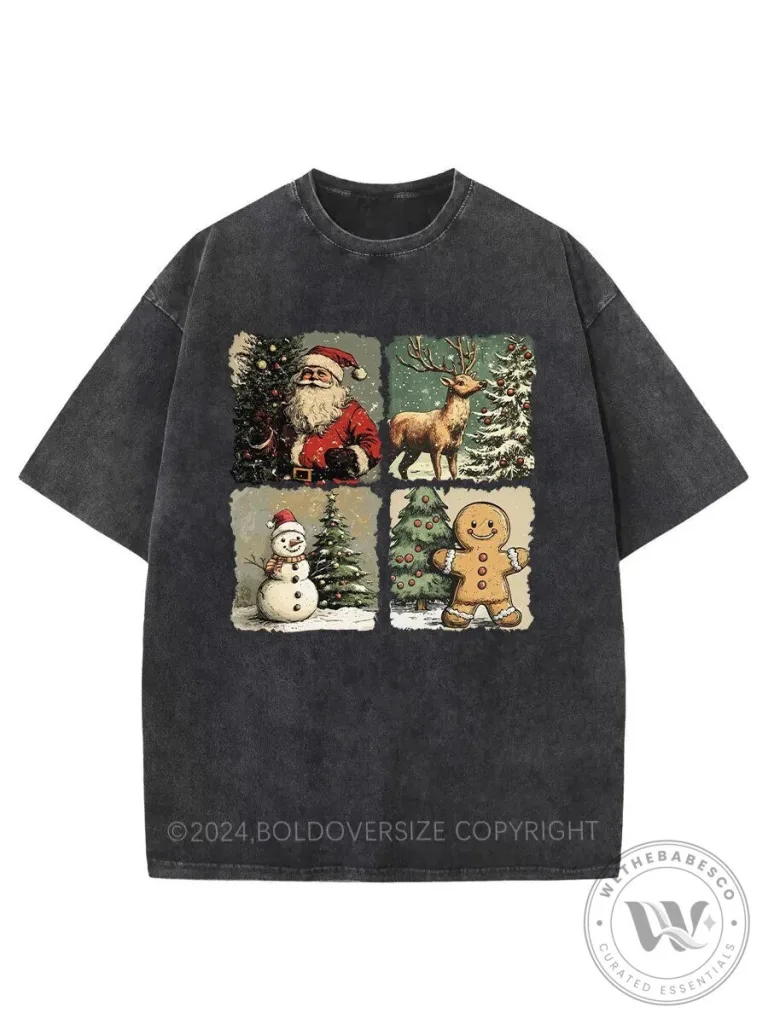 Holiday T-Shirt Featuring Santa Claus, Reindeer, Snowman, Gingerbread Man in Vintage Style 1 Holiday T-Shirt Featuring Santa Claus, Reindeer, Snowman, Gingerbread Man in Vintage Style