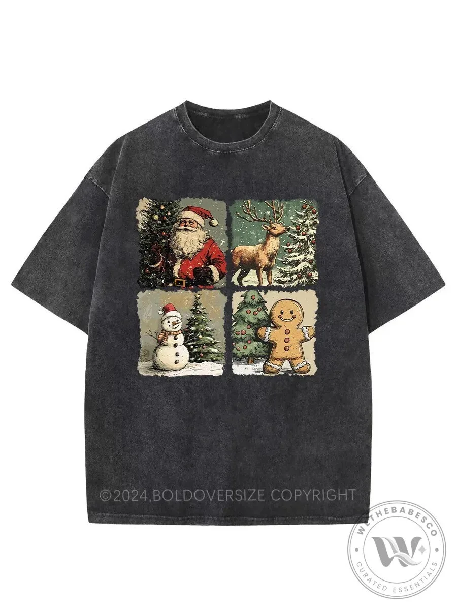 Holiday T-Shirt Featuring Santa Claus, Reindeer, Snowman, Gingerbread Man in Vintage Style