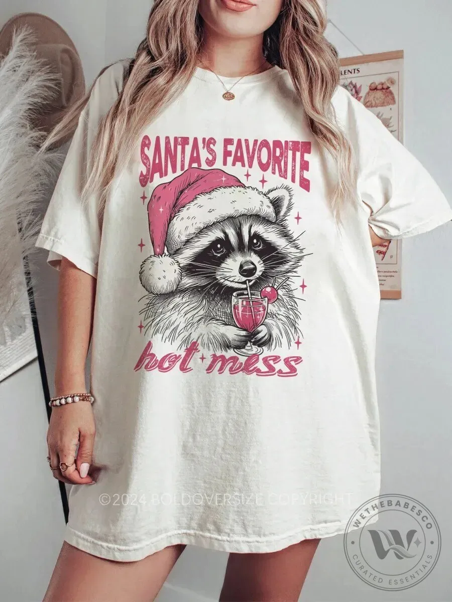 Santa's Favorite Hot Mess Raccoon Christmas Holiday T-Shirt