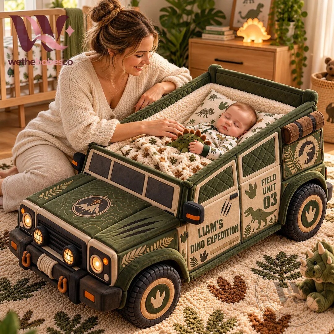 Personalized Dino Expedition Safari Truck Plush Baby Bed Lounger 2026