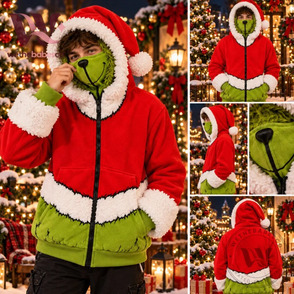 The Grinch Christmas Santa Suit Full Zip Face Mask Hoodie 2026