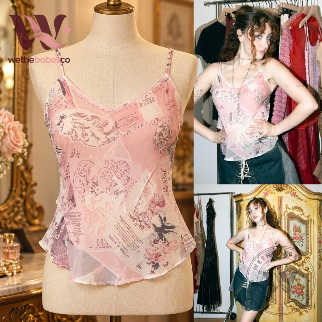 Chappell Roan Vintage Newspaper Print Mesh Cami Top 2026
