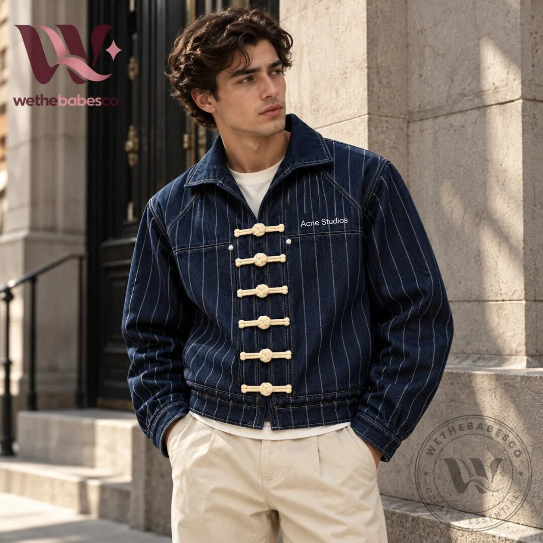 Acne Studios Navy Pinstripe Toggle Closure Denim Jacket 2026 7 Acne Studios Pinstripe Chinese Knot Button Concept Denim Jacket 2026