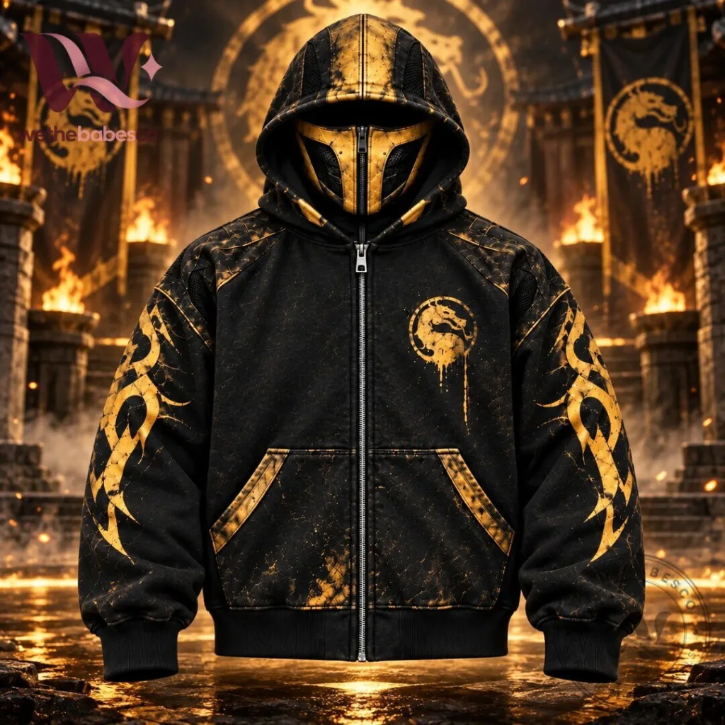 "Unleash Style: H&M x Mortal Kombat Scorpion Hoodie with Mask" 39 H&M x MORTAL KOMBAT Scorpion Hoodie With Mask Black Gold Grunge Cosplay