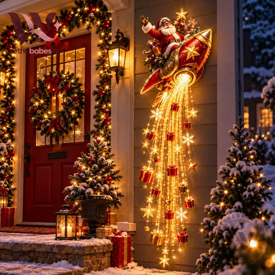 LED Lighted Santa Claus Riding Rocket Christmas Hanging Wall Decoration 2026