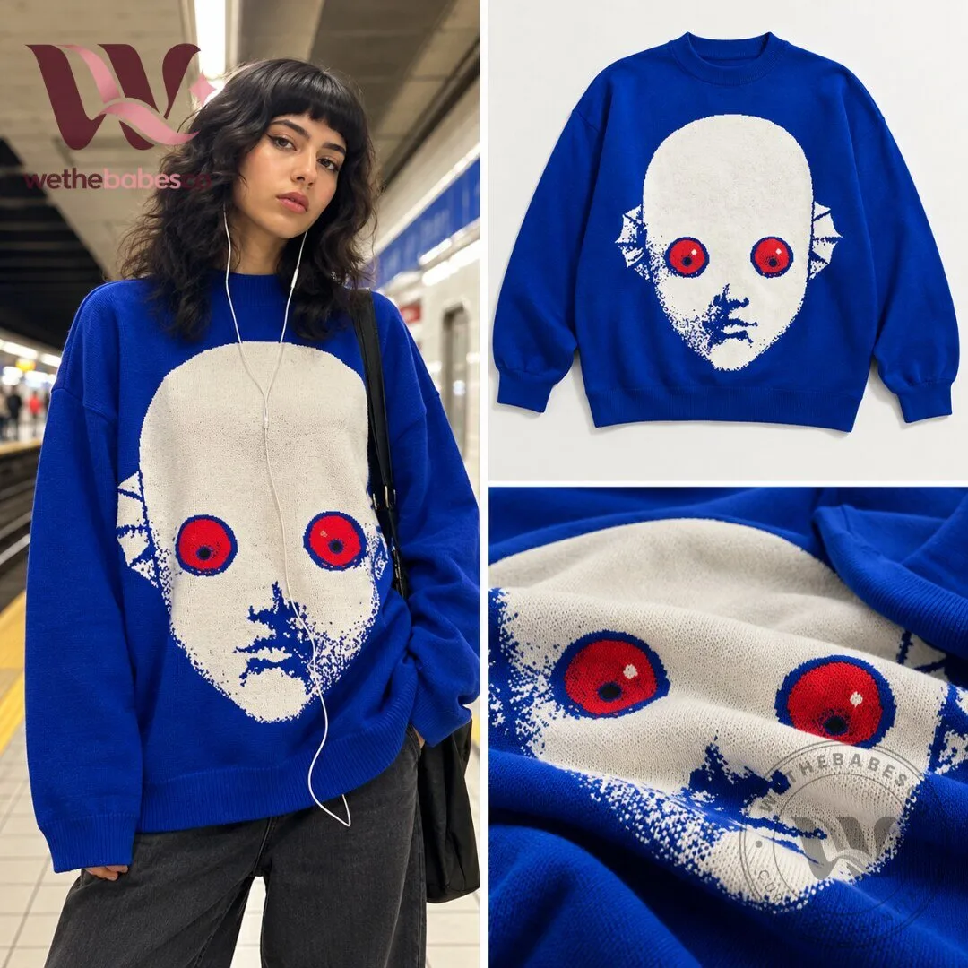 Vintage Scary Alien Mask Graphic Print Blue Crewneck Knit Sweater 2026