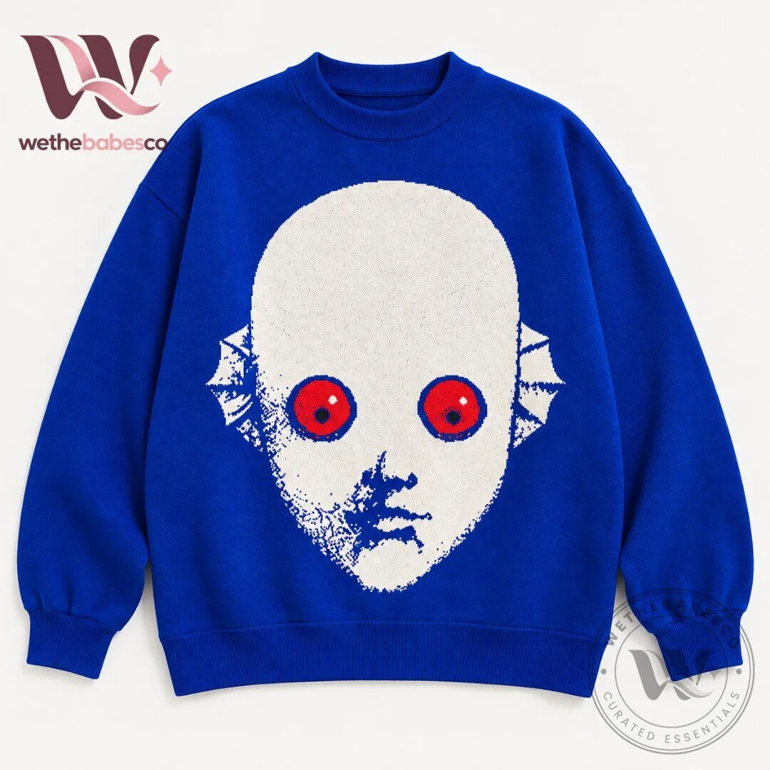 Vintage Scary Alien Mask Graphic Print Blue Crewneck Knit Sweater 2026 4 Vintage Scary Alien Mask Graphic Print Blue Crewneck Knit Sweater 2026