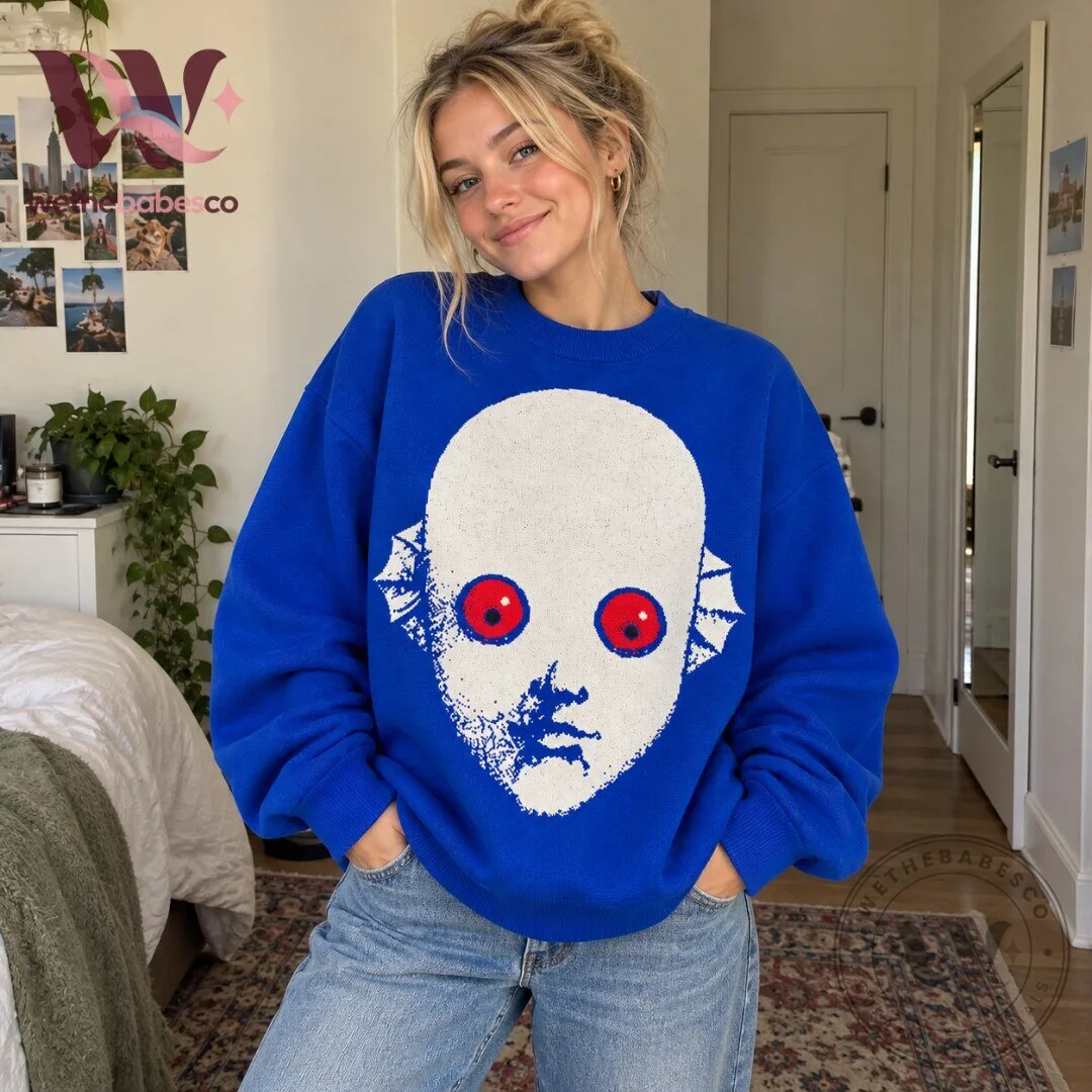 Vintage Scary Alien Mask Graphic Print Blue Crewneck Knit Sweater 2026 5 Vintage Scary Alien Mask Graphic Print Blue Crewneck Knit Sweater 2026